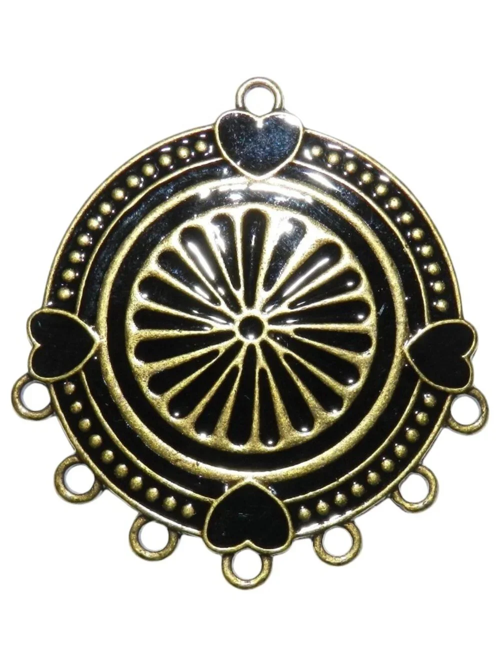 M128 Antiqued Brass & Black Enamel 48mm Round Metal Jewelry 7-Loop Connector 1pc